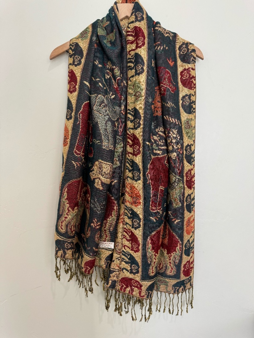 100% Pashmina Elephant Print Scarf Dark Green Eclectic‎ Boho Wrap